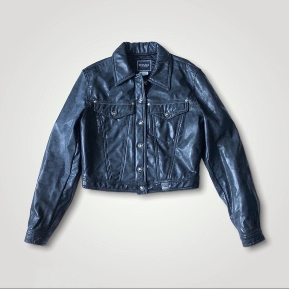 Versace Jean Moto Jacket Vintage Waxed Faux Leather Button Front Boyfriend M
